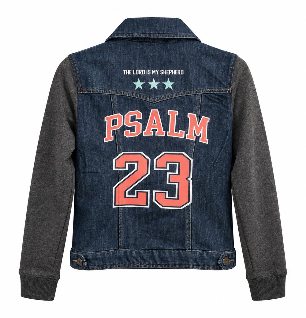 Psalm 23 Custom Upcycled Christian Jean Jacket with Knit Sleeves, S